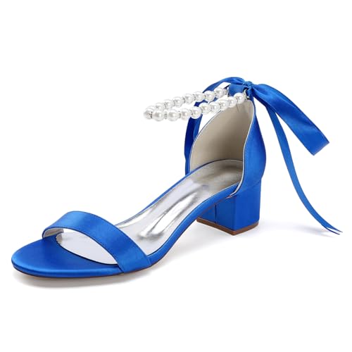 Damen Offene Zehe Satin Brautschuhe Mittlerer Stämmiger Ferse Hochzeit Kleid Schuhe Schnürung Abend Partei Abschlussball Sandalen Mit Perle,Blau,40 EU von smlekwc
