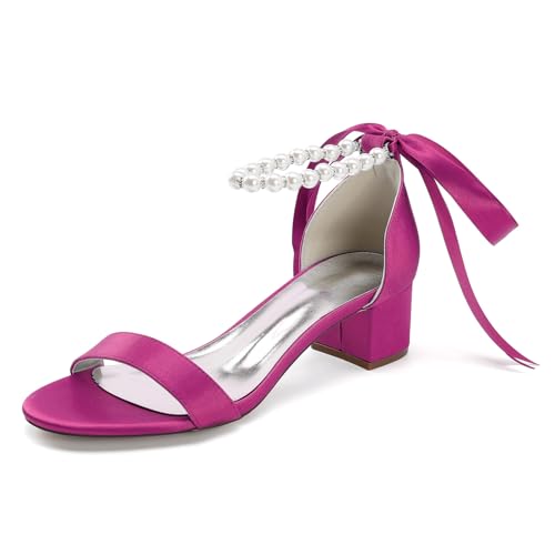 Damen Offene Zehe Satin Brautschuhe Mittlerer Stämmiger Ferse Hochzeit Kleid Schuhe Schnürung Abend Partei Abschlussball Sandalen Mit Perle,Fuchsia,42 EU von smlekwc