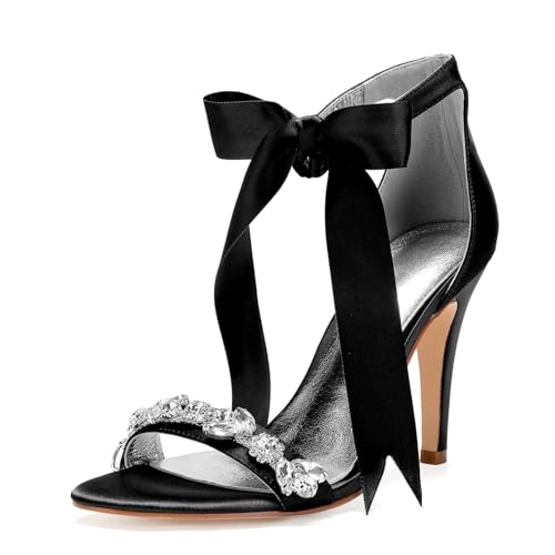 Damen Offene Zehen Braut Sandalen Mit Strass Schnürung Hochzeit Pumps Mit Schleife Hoher Pfennigabsatz Partei Abschlussball Schuhe,Schwarz,38 EU von smlekwc