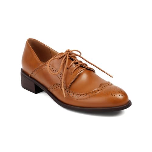 Damen PU Leder Brogue Oxfords Schnüren Büro Kleid Schuhe Blockabsatz Vintage Schuhe,Gelb,35.5 EU von smlekwc