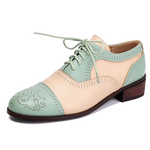 Damen PU Leder Zwei - Ton Design Brogue Oxfords Schnüren Retro Kleid Schuhe Niedriger Blockabsatz Formelle Schuhe,Grün,38 EU von smlekwc