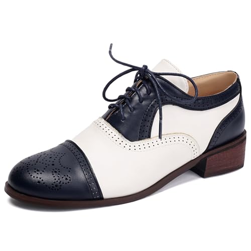 Damen PU Leder Zwei - Ton Design Brogue Oxfords Schnüren Retro Kleid Schuhe Niedriger Blockabsatz Formelle Schuhe,Marine,40 EU von smlekwc