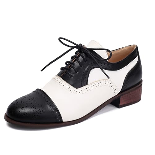 Damen PU Leder Zwei - Ton Design Brogue Oxfords Schnüren Retro Kleid Schuhe Niedriger Blockabsatz Formelle Schuhe,Schwarz,37 EU von smlekwc