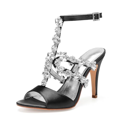 Damen Peep Toe Hochzeitsschuhe Für Braut T-Riemen Kleid Sandalen Mit Strass Sexy Hoher Absatz Partei Abschlussball Schuhe,Schwarz,38 EU von smlekwc