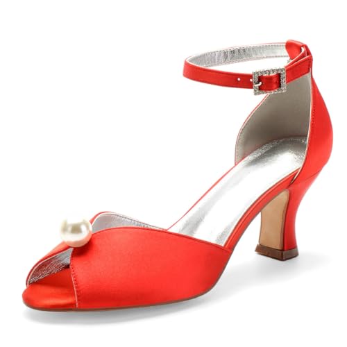 Damen Peeptoe Perlenhochzeit Pumps Mittlerer Blockabsatz Braut Sandalen Knöchelriemen Partei Abschlussball Kleid Schuhe Mit Schnalle,Rot,36 EU Damen Peeptoe Perlenhochzeit Pumps Mittlerer Blockabsatz Braut Sandalen Knöchelriemen Partei Abschlussball Kleid Schuhe Mit Schnalle,Rot,36 EU von smlekwc