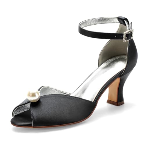 Damen Peeptoe Perlenhochzeit Pumps Mittlerer Blockabsatz Braut Sandalen Knöchelriemen Partei Abschlussball Kleid Schuhe Mit Schnalle,Schwarz,37 EU von smlekwc