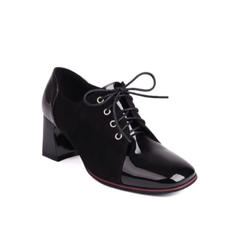 Damen Quadratische Zehe Lackleder Oxford-Schuhe Schnüren Kleid Pumps Hoher Blockabsatz Vintage-Brogues,Schwarz,37 EU von smlekwc