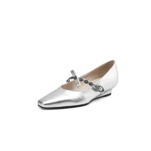 Damen Quadratzehen Retro Kleid Schuhe Niedriger Keilabsatz Mary Janes Mit Schnalle PU Leder Weiche Slipper,Silber,38.5 EU von smlekwc