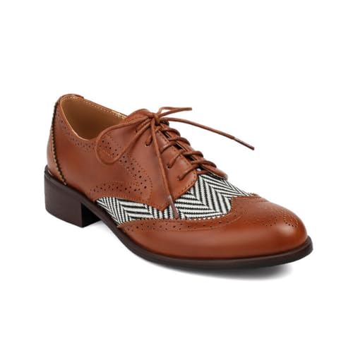 Damen Runde Zehe PU Leder Brogue Oxfords Schnüren Vintage Kleid Schuhe Niedriger Blockabsatz Freizeitschuhe,Braun,39 EU von smlekwc
