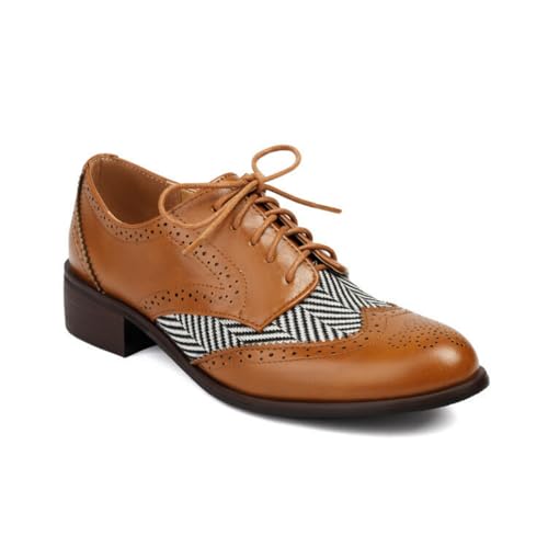 Damen Runde Zehe PU Leder Brogue Oxfords Schnüren Vintage Kleid Schuhe Niedriger Blockabsatz Freizeitschuhe,Gelb,40 EU von smlekwc