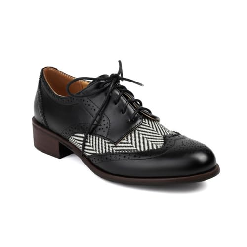 Damen Runde Zehe PU Leder Brogue Oxfords Schnüren Vintage Kleid Schuhe Niedriger Blockabsatz Freizeitschuhe,Schwarz,43 EU von smlekwc