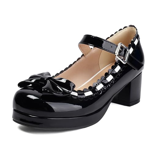 Damen Runde Zehen Lackleder Lolita Schuhe Mittlerer Stämmiger Ferse Plateau Mary Janes Knöchelriemen Kleid Pumps Mit Schleife,Schwarz,36 EU von smlekwc