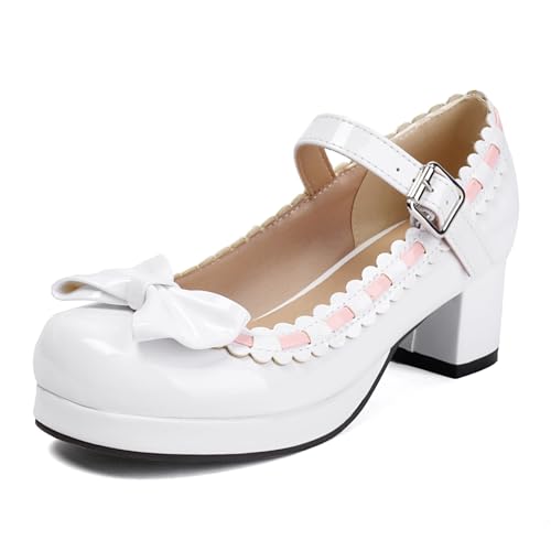 Damen Runde Zehen Lackleder Lolita Schuhe Mittlerer Stämmiger Ferse Plateau Mary Janes Knöchelriemen Kleid Pumps Mit Schleife,Weiß,41.5 EU Damen Runde Zehen Lackleder Lolita Schuhe Mittlerer Stämmiger Ferse Plateau Mary Janes Knöchelriemen Kleid Pumps Mit Schleife,Weiß,41.5 EU von smlekwc