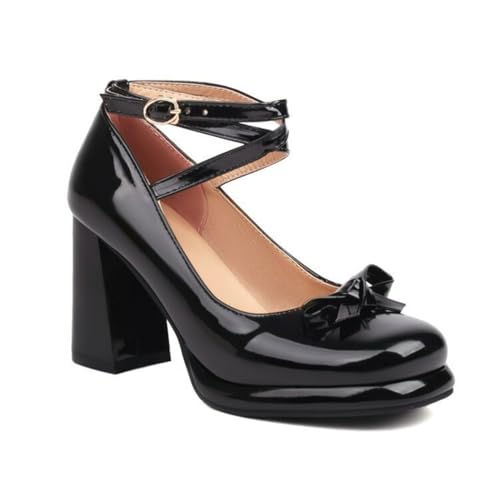 Damen Runde Zehen Lackleder Mary Janes Mit Bogen Hoher Blockabsatz Plateau Pumps Kreuz Riemen Kleid Schuhe Mit Schnalle,Schwarz,38.5 EU von smlekwc