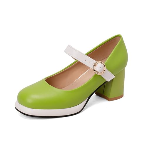 Damen Runde Zehen Mary Jane Pumps Blockabsatz Kleid Schuhe Mit Knöchelriemen Bequeme Freizeitschuhe,Grün,40 EU von smlekwc