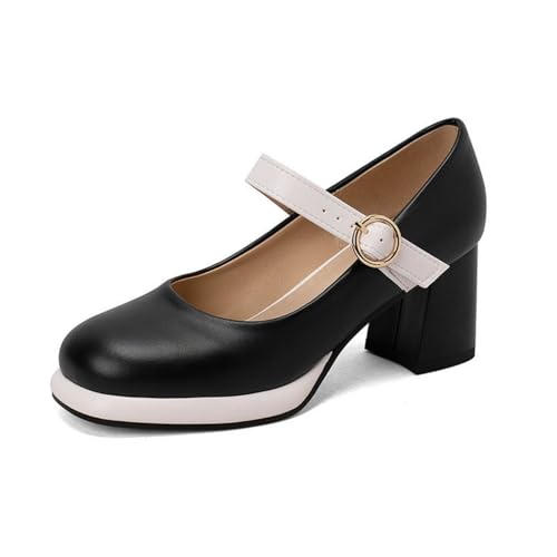 Damen Runde Zehen Mary Jane Pumps Blockabsatz Kleid Schuhe Mit Knöchelriemen Bequeme Freizeitschuhe,Schwarz,44 EU von smlekwc