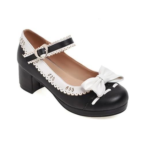 Damen Runde Zehen PU Leder Lolita Schuhe Mittlerer Stämmiger Ferse Kleid Pumps Knöchelriemen Mary Jane Schuhe Mit Schnalle,Schwarz,41.5 EU von smlekwc