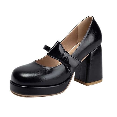 Damen Runde Zehen PU Leder Mary Janes Blockabsatz Plateau Schuhe Knöchelriemen Kleid Pumps Mit Schleife,Schwarz,44 EU von smlekwc