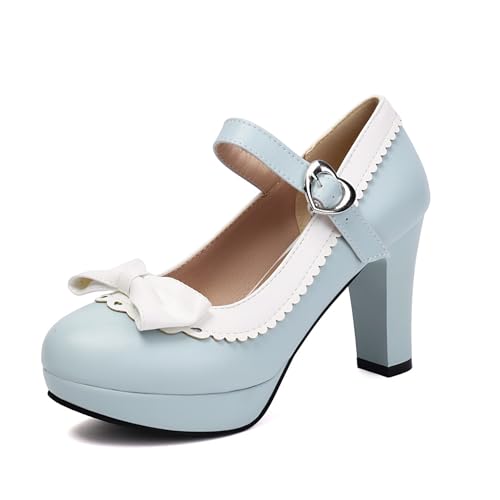 Damen Runde Zehen PU Leder Mary Janes Mit Schleife Knöchelriemen Kleid Pumps Mit Schnalle Hoher Stämmiger Ferse Plateauschuhe,Blau,38.5 EU von smlekwc