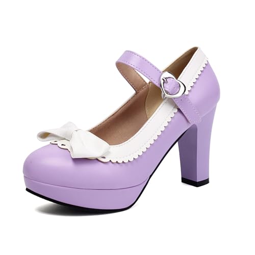 Damen Runde Zehen PU Leder Mary Janes Mit Schleife Knöchelriemen Kleid Pumps Mit Schnalle Hoher Stämmiger Ferse Plateauschuhe,Lila,36 EU von smlekwc