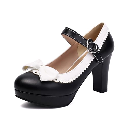 Damen Runde Zehen PU Leder Mary Janes Mit Schleife Knöchelriemen Kleid Pumps Mit Schnalle Hoher Stämmiger Ferse Plateauschuhe,Schwarz,40 EU von smlekwc