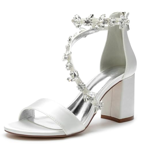 Damen Satin Brautschuhe Mit Reißverschluss Hinten Hoher Stämmiger Ferse Hochzeit Pumps Mit Strass Offene Zehe Partei Abschlussball Kleid Sandalen,Elfenbein,42 EU von smlekwc