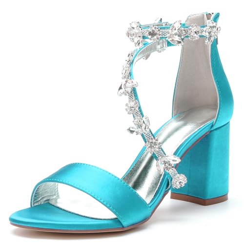Damen Satin Brautschuhe Mit Reißverschluss Hinten Hoher Stämmiger Ferse Hochzeit Pumps Mit Strass Offene Zehe Partei Abschlussball Kleid Sandalen,Teal,36 EU Damen Satin Brautschuhe Mit Reißverschluss Hinten Hoher Stämmiger Ferse Hochzeit Pumps Mit Strass Offene Zehe Partei Abschlussball Kleid Sandalen,Teal,36 EU von smlekwc