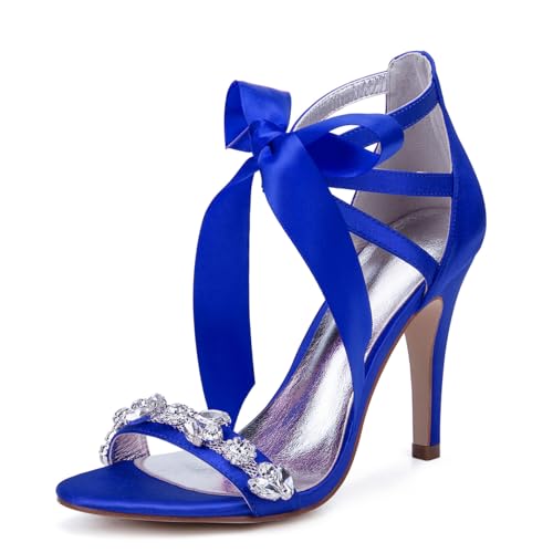 Damen Schnüren Kleid Pumps Hoher Pfennigabsatz Hochzeit Sandalen Offene Zehen Satin Brautjungfer Schuhe Mit Strass,Blau,42 EU Damen Schnüren Kleid Pumps Hoher Pfennigabsatz Hochzeit Sandalen Offene Zehen Satin Brautjungfer Schuhe Mit Strass,Blau,42 EU von smlekwc