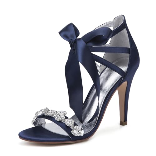 Damen Schnüren Kleid Pumps Hoher Pfennigabsatz Hochzeit Sandalen Offene Zehen Satin Brautjungfer Schuhe Mit Strass,Marine,40 EU Damen Schnüren Kleid Pumps Hoher Pfennigabsatz Hochzeit Sandalen Offene Zehen Satin Brautjungfer Schuhe Mit Strass,Marine,40 EU von smlekwc
