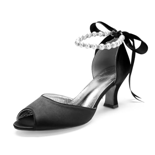 Damen Schnüren Kleid Pumps Mit Perle Mittlerer Blockabsatz Hochzeit Partei Abschlussball Schuhe Peeptoe Satin Brautsandalen,Schwarz,40 EU von smlekwc