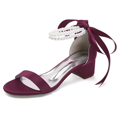 Damen Schnüren Kleid Pumps Mit Perle Mittlerer Blockabsatz Hochzeit Sandalen Offene Zehen Braut Brautjungfern Schuhe,Burgundy,40 EU von smlekwc
