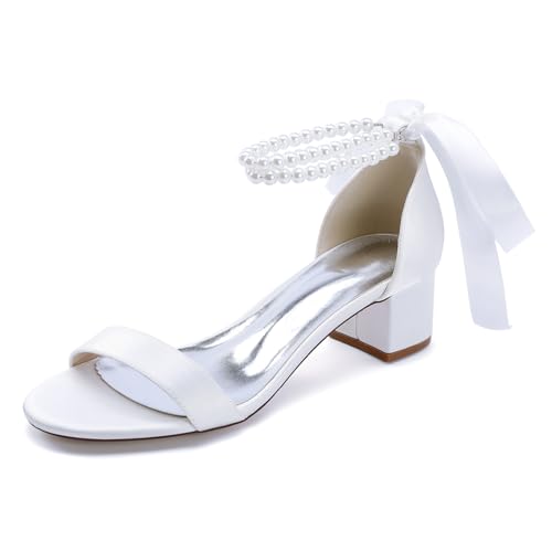 Damen Schnüren Kleid Pumps Mit Perle Mittlerer Blockabsatz Hochzeit Sandalen Offene Zehen Braut Brautjungfern Schuhe,Weiß,38 EU von smlekwc