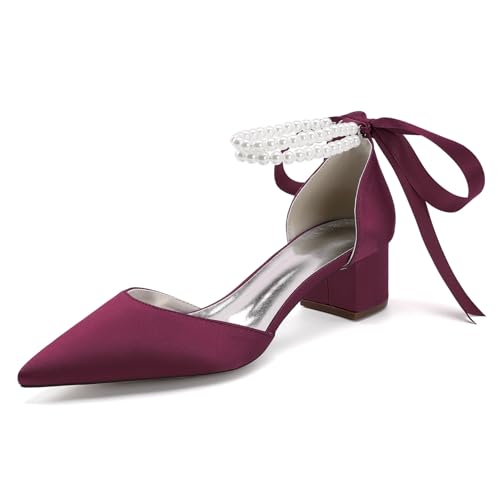 Damen Schnüren Kleid Pumps Mit Perle Spitz Zehen Satin Brautschuhe Mittlerer Stämmiger Ferse Hochzeit Partei Abschlussball Schuhe,Burgundy,38 EU von smlekwc