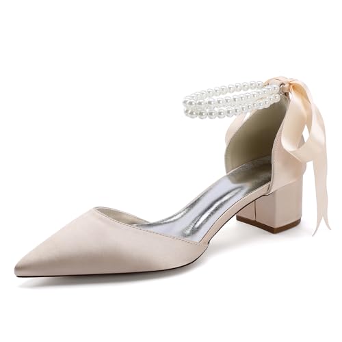 Damen Schnüren Kleid Pumps Mit Perle Spitz Zehen Satin Brautschuhe Mittlerer Stämmiger Ferse Hochzeit Partei Abschlussball Schuhe,Champagne,39 EU von smlekwc