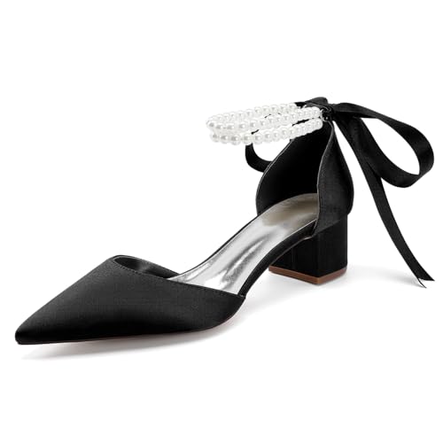 Damen Schnüren Kleid Pumps Mit Perle Spitz Zehen Satin Brautschuhe Mittlerer Stämmiger Ferse Hochzeit Partei Abschlussball Schuhe,Schwarz,42 EU von smlekwc