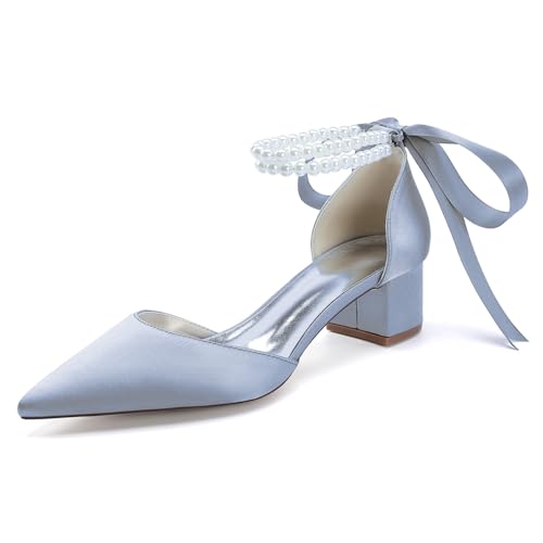 Damen Schnüren Kleid Pumps Mit Perle Spitz Zehen Satin Brautschuhe Mittlerer Stämmiger Ferse Hochzeit Partei Abschlussball Schuhe,Silber,40 EU von smlekwc