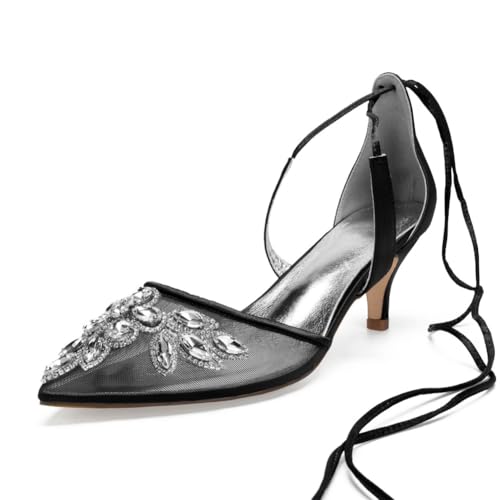 Damen Schnüren Kleid Pumps Mit Perlenbesetzter Spitze Zehen Satin Mesh Brautschuhe Mittlerer Kätzchen Ferse Hochzeit Partei Abschlussball Schuhe,Schwarz,36 EU von smlekwc