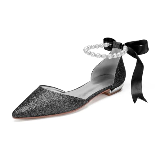 Damen Schnüren Kleid Sandalen Mit Perle Spitze Zehen Glitzer Hochzeitsschuhe Für Braut Flache Absatz Partei Abschlussball Schuhe,Schwarz,36 EU von smlekwc