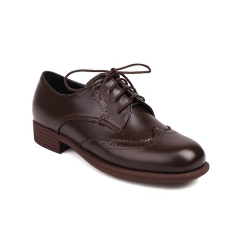 Damen Schnüren Vintage Kleid Schuhe Runde Zehe PU Leder Brogue Oxfords Niedriger Blockabsatz Formelle Schuhe,Braun,38 EU von smlekwc