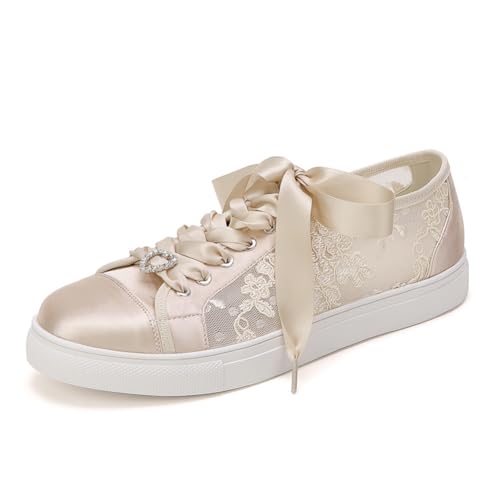 Damen Schnürung Braut Turnschuhe Spitze Satin Hochzeit Schuhe Für Braut Geschlossene Runde Zehe Ausgeschnitten Tennisschuhe,Champagne,41 EU Damen Schnürung Braut Turnschuhe Spitze Satin Hochzeit Schuhe Für Braut Geschlossene Runde Zehe Ausgeschnitten Tennisschuhe,Champagne,41 EU von smlekwc