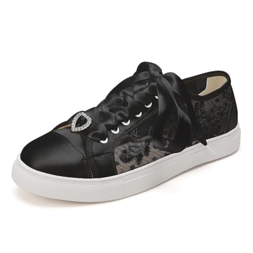 Damen Schnürung Braut Turnschuhe Spitze Satin Hochzeit Schuhe Für Braut Geschlossene Runde Zehe Ausgeschnitten Tennisschuhe,Schwarz,36 EU von smlekwc