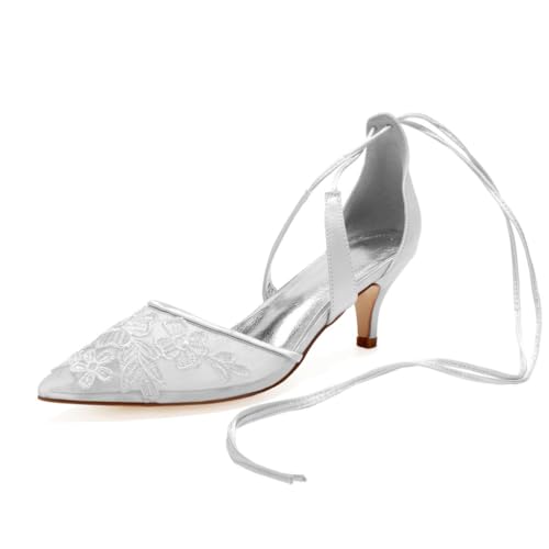 Damen Schnürung Hochzeit Kleid Schuhe Spitz Zehe Mesh Brautschuhe Mittlerer Talon Chaton Abend Partei Abschlussball Sandalen,Silber,36 EU von smlekwc