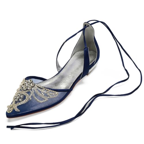 Damen Schnürung Hochzeit Kleid Schuhe Spitze Zehen Satin Brautschuhe Niedrigem Absatz Ballerinas Mit Strass,Marine,39 EU Damen Schnürung Hochzeit Kleid Schuhe Spitze Zehen Satin Brautschuhe Niedrigem Absatz Ballerinas Mit Strass,Marine,39 EU von smlekwc