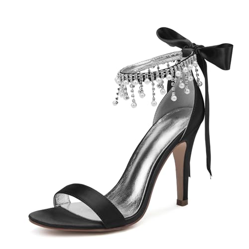 Damen Schnürung Hochzeitskleid Schuhe Mit Quaste Sexy Hoher Absatz Braut Sandalen Offene Zehen Satin Abend Partei Abschlussball Pumps,Schwarz,38 EU von smlekwc