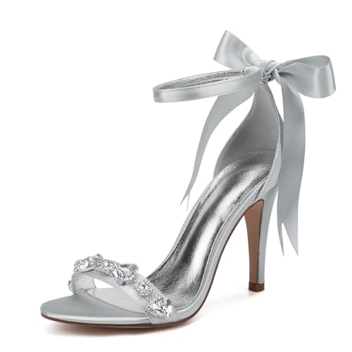 Damen Sexy Hoher Absatz Kleid Pumps Mit Schleife Offene Zehen Satin Brautschuhe Mit Strass Schnürung Partei Abschlussball Sandalen,Silber,37 EU Damen Sexy Hoher Absatz Kleid Pumps Mit Schleife Offene Zehen Satin Brautschuhe Mit Strass Schnürung Partei Abschlussball Sandalen,Silber,37 EU von smlekwc