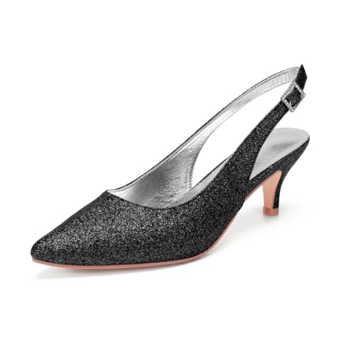 Damen Slip Auf Kleid Pumps Mit Schnalle Spitz Zehen Slingback Brautsandalen Mittlerer Kätzchen Absatz Hochzeit Partei Abschlussball Schuhe,Schwarz,42 EU von smlekwc