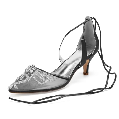 Damen Spitze Zehe Mesh Brautschuhe Mittlerer Kätzchen Ferse Hochzeitskleid Schuhe Schnürung Partei Abschlussball Pumps Mit Perlen,Schwarz,36 EU von smlekwc