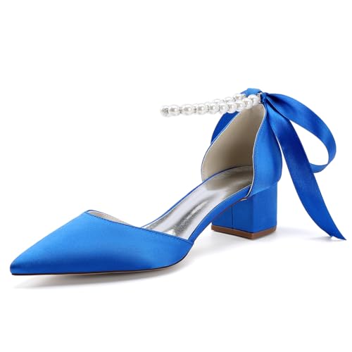 Damen Spitze Zehen Hochzeitskleid Schuhe Schnürung Perle Brautschuhe Mittlerer Blockabsatz Abend Partei Abschlussball Sandalen,Blau,36 EU von smlekwc