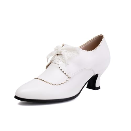 Damen Spitze Zehen PU-Leder Brogues Schnüren Retro Kleid Schuhe Mittlerer Kätzchen Absatz Oxford Schuhe,Weiß,35.5 EU von smlekwc