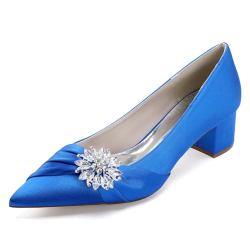 Damen Spitze Zehen Plissee Satin Brautschuhe Mittlerer Blockabsatz Hochzeit Kleid Schuhe Slip Auf Abendpartei Abschlussball Pumps Mit Strass,Blau,41 EU von smlekwc